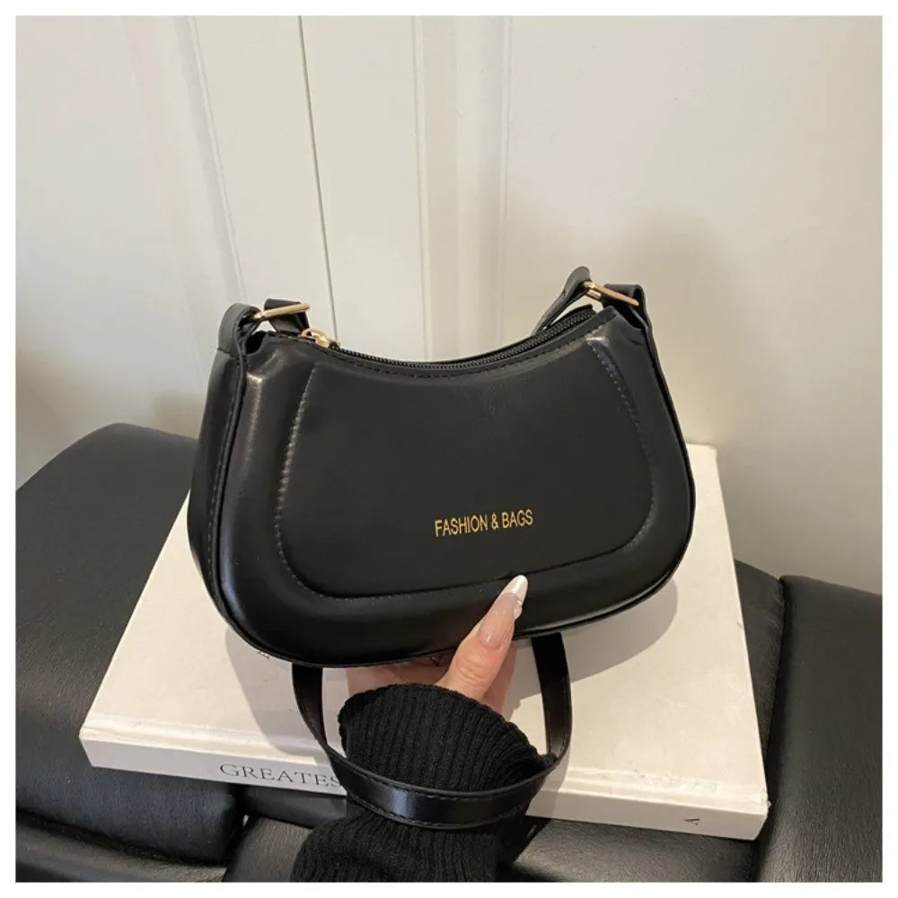 New PU Leather Shoulder Bag Large Capacity Moon-shaped Underarm Bag Solid Color Tote Handbag Women
