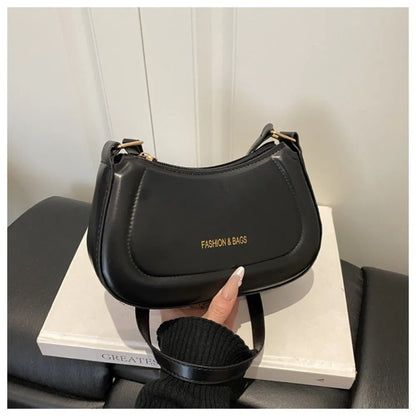 New PU Leather Shoulder Bag Large Capacity Moon-shaped Underarm Bag Solid Color Tote Handbag Women