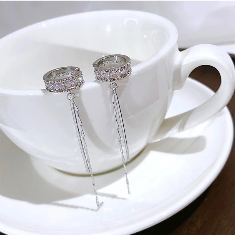 Silver Color Crystal Tassel Non-Piercing Cuff Ear Clip Earring For Women Shiny Rhinestone Chain Fake Cartilage Piercing Jewelry