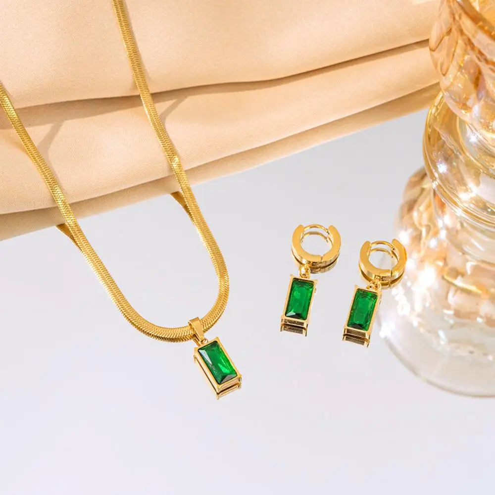 Stainless Steel Square Green Crystal Zircon Necklace Earrings Jewelry Set For Women Gold Color Chain Accessories Wedding Gift
