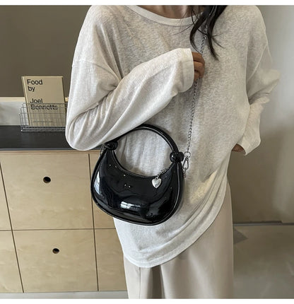 Red Patent Leather Handheld Bag For Women New Spring Autumn Chain Crossbody Bag Fashion Versatile Love Zipper Shoulder Small Bag