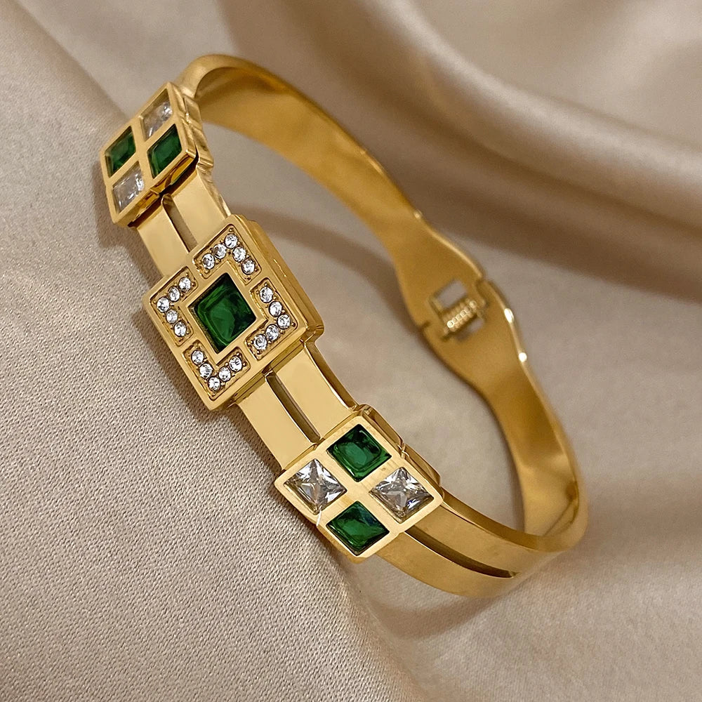 Freetry Exquisite Stainless Steel Large Green Zircon Gold Plated Bracelet Rhinestone Layered Cuff Bracelet Waterproof Jewelry