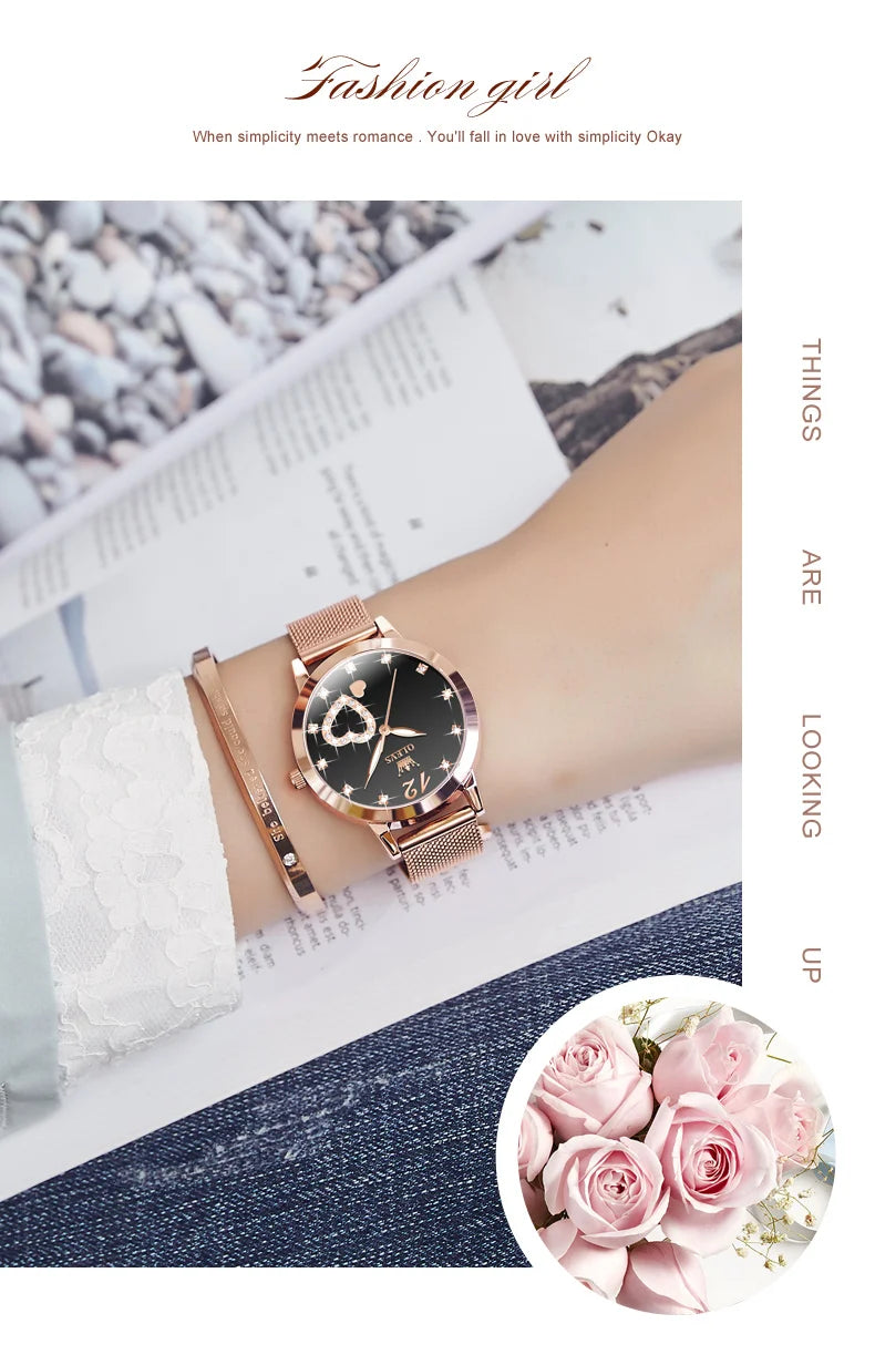 OLEVS 5189 Women's Watch Quartz Wristwatch Casual Fashion Watch for Ladies Waterproof Luminous Mesh Belt Love Dial Zircon Scale