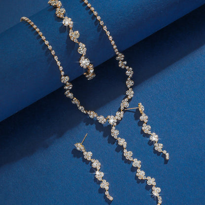 Glam Crystal Tassel Jewelry Set 4Pcs Gold-Plated Choker Necklace Earrings Bracelet for Women Party Wedding Evening Fashion