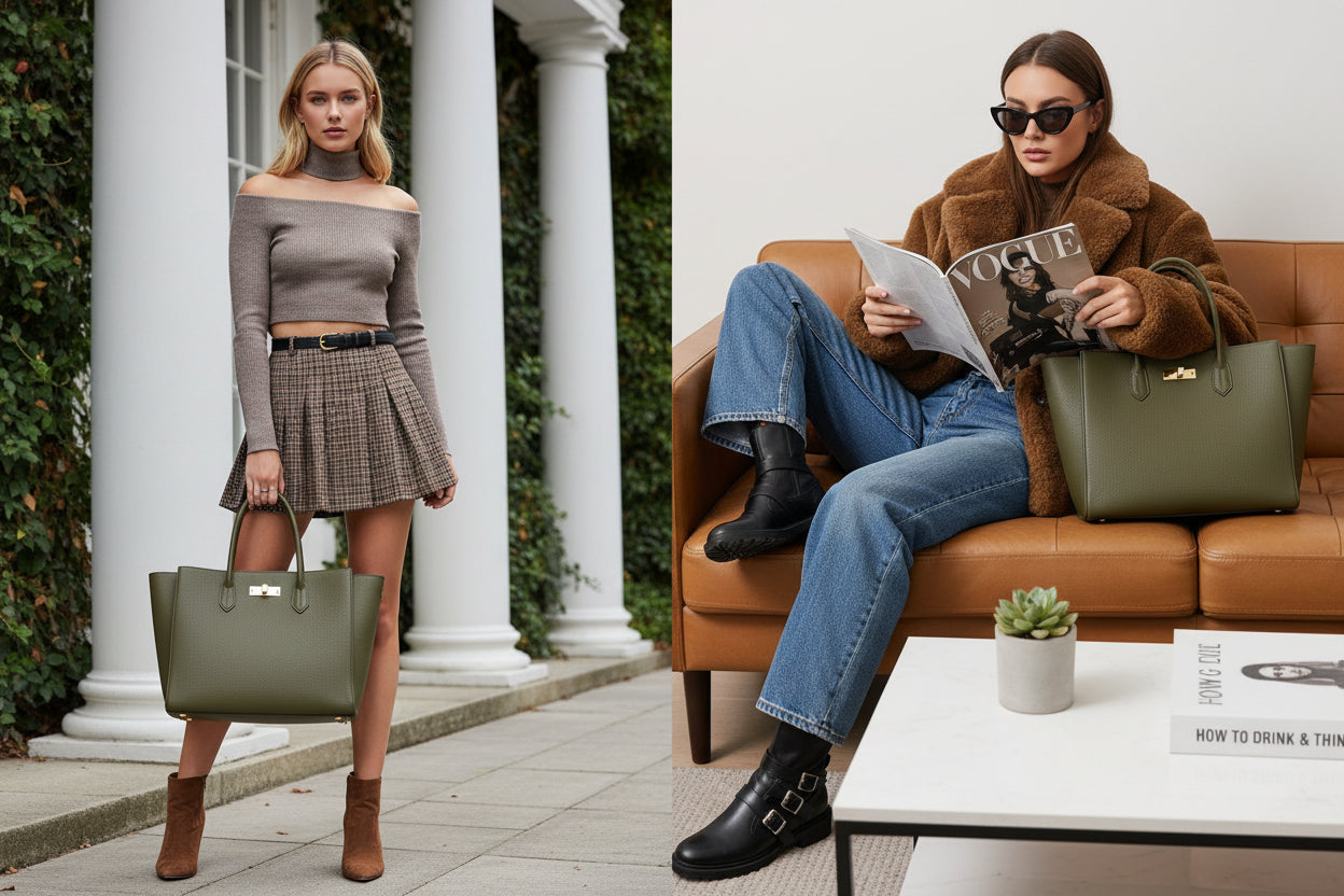 Two women holding green handbags in different settings.