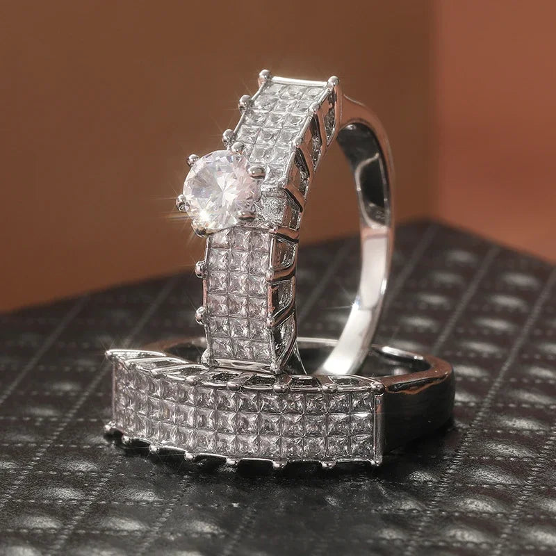 2pcs/set Fashionable Luxury Sparkling Synthetic Zircon Couple Rings Women's Stacked Rings Wedding Engagement Jewelry