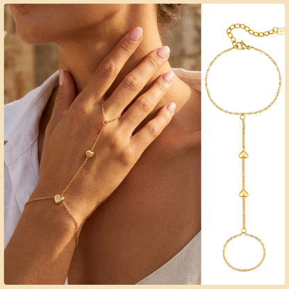 Stainless Steel Hand Chain Ring Bracelet for Women, Adjustable Gold Plated Double Layer Finger Bracelets Summer Party Jewelry