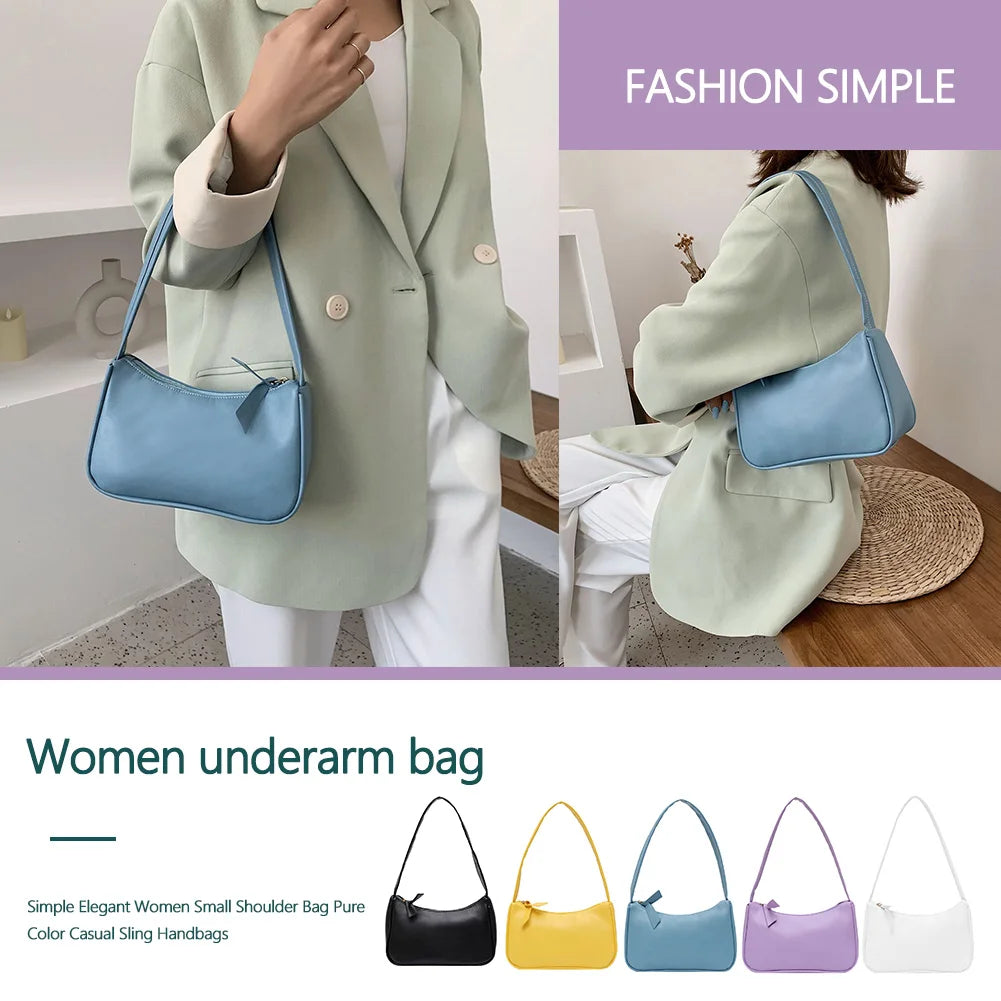 Retro Soft PU Leather Women Shoulder Underarm Bags Casual Solid Color Small Top-Handle Handbags Ladies Fashion Shoulder Bags