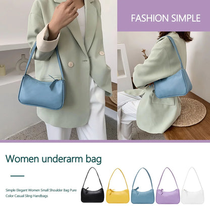 Retro Soft PU Leather Women Shoulder Underarm Bags Casual Solid Color Small Top-Handle Handbags Ladies Fashion Shoulder Bags