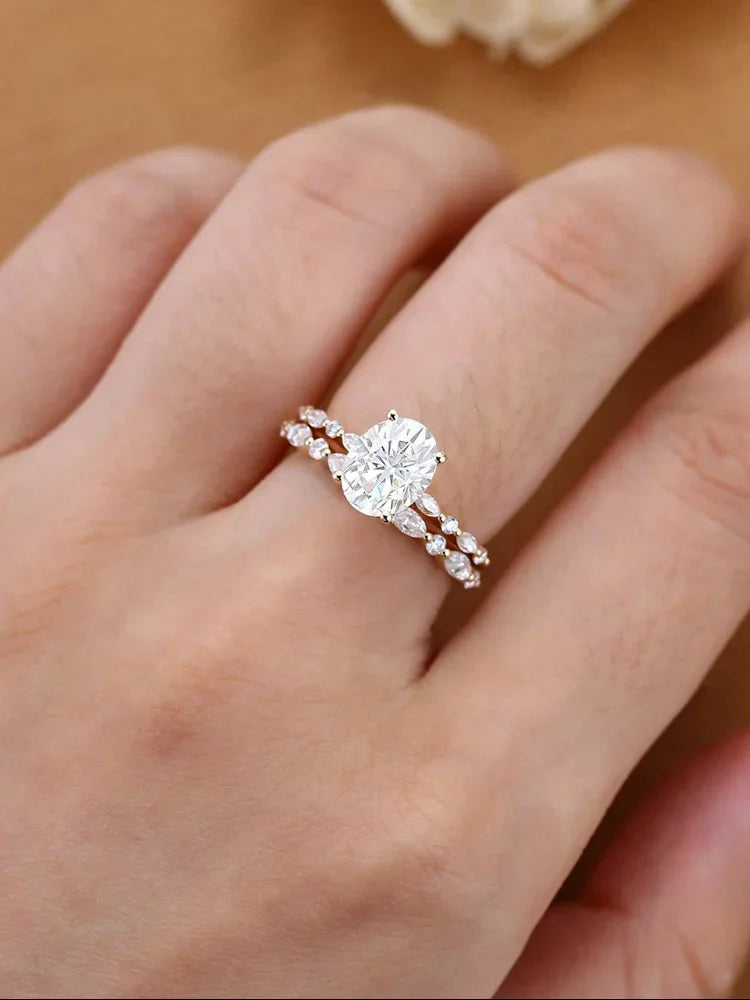 Anillo apilable de circonita de plata de ley 925 de lujo ovalado, redondo y marquesa para mujer, joyería fina de moda de alta calidad para aniversario