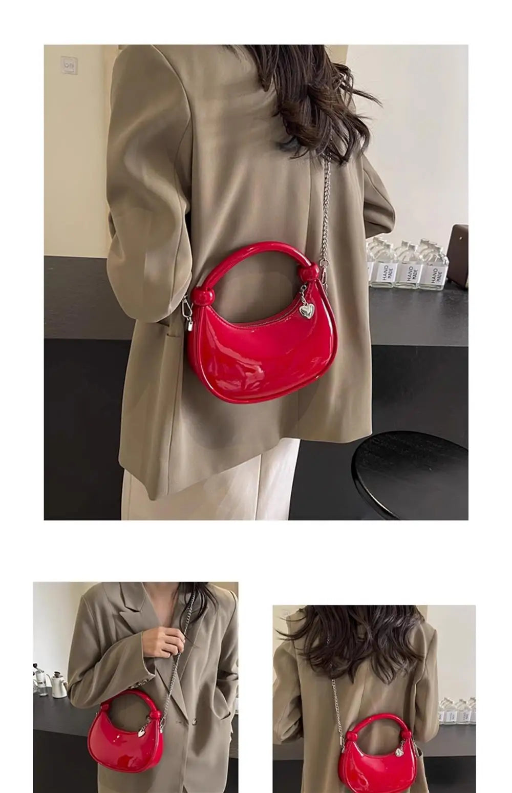 Red Patent Leather Handheld Bag For Women New Spring Autumn Chain Crossbody Bag Fashion Versatile Love Zipper Shoulder Small Bag