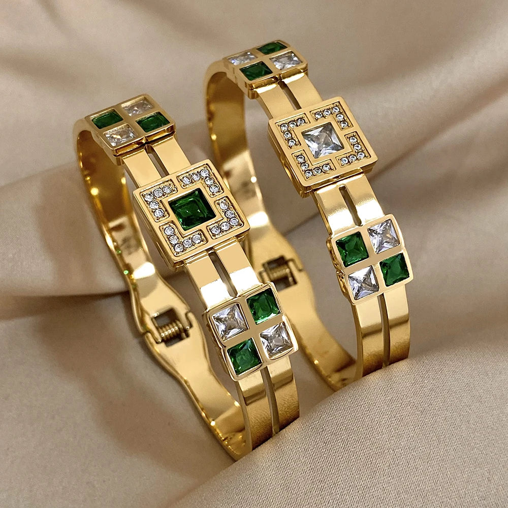 Freetry Exquisite Stainless Steel Large Green Zircon Gold Plated Bracelet Rhinestone Layered Cuff Bracelet Waterproof Jewelry