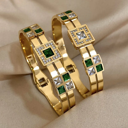 Freetry Exquisite Stainless Steel Large Green Zircon Gold Plated Bracelet Rhinestone Layered Cuff Bracelet Waterproof Jewelry