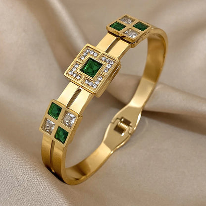 Freetry Exquisite Stainless Steel Large Green Zircon Gold Plated Bracelet Rhinestone Layered Cuff Bracelet Waterproof Jewelry