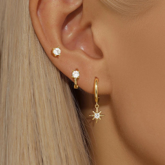 3 Piece Fashion Stainless Steel Round Star Drop Earrings Set for Women 18K Gold Plated Dangle Earring Punk Unisex Rock  Jewelry