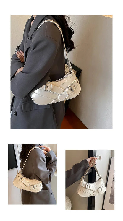 Red Vintage Shoulder Bag Y2K Belt Design PU Leather Underarm Bags for Women Trend Hot Cool Girl Crossbody Bag Punk Style Handbag