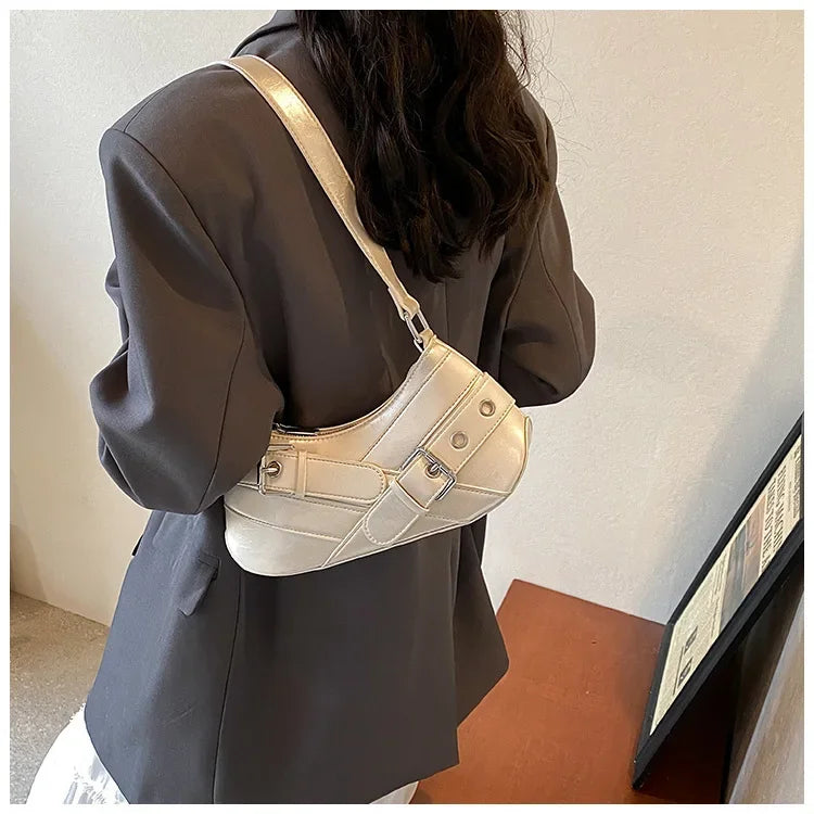 Red Vintage Shoulder Bag Y2K Belt Design PU Leather Underarm Bags for Women Trend Hot Cool Girl Crossbody Bag Punk Style Handbag