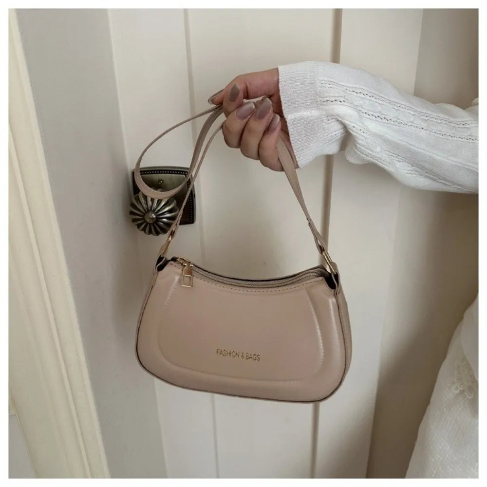 New PU Leather Shoulder Bag Large Capacity Moon-shaped Underarm Bag Solid Color Tote Handbag Women