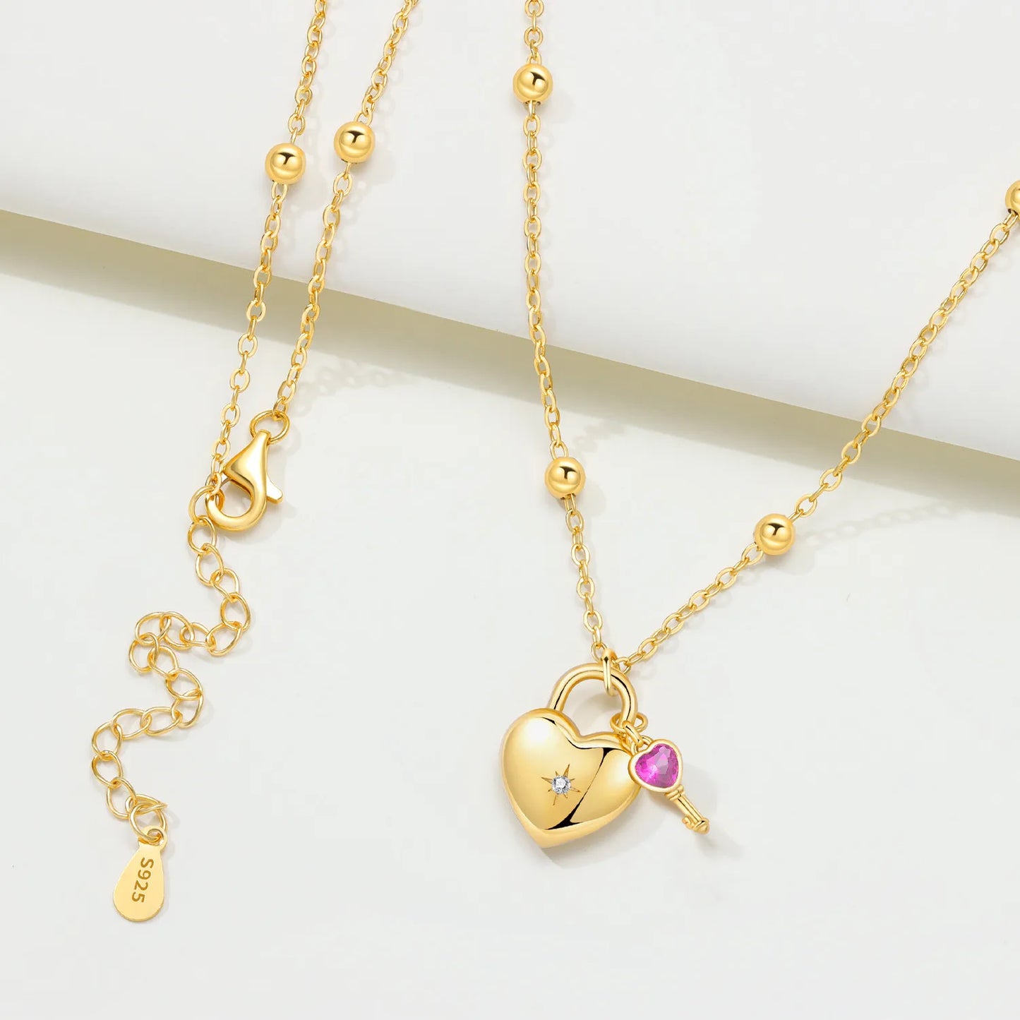 PANPOKI 925 Sterling Silver 18K Gold Heart-shaped Lock Key Necklace Pendant Necklace for Women Birthday Gifts Wedding Jewelry