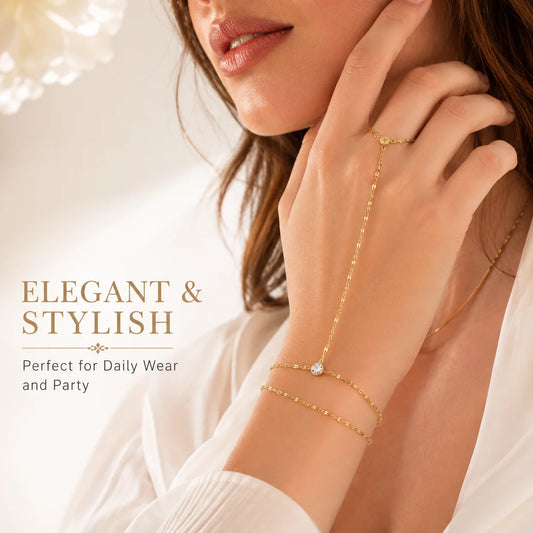 Stainless Steel Hand Chain Ring Bracelet for Women, Adjustable Gold Plated Double Layer Finger Bracelets Summer Party Jewelry