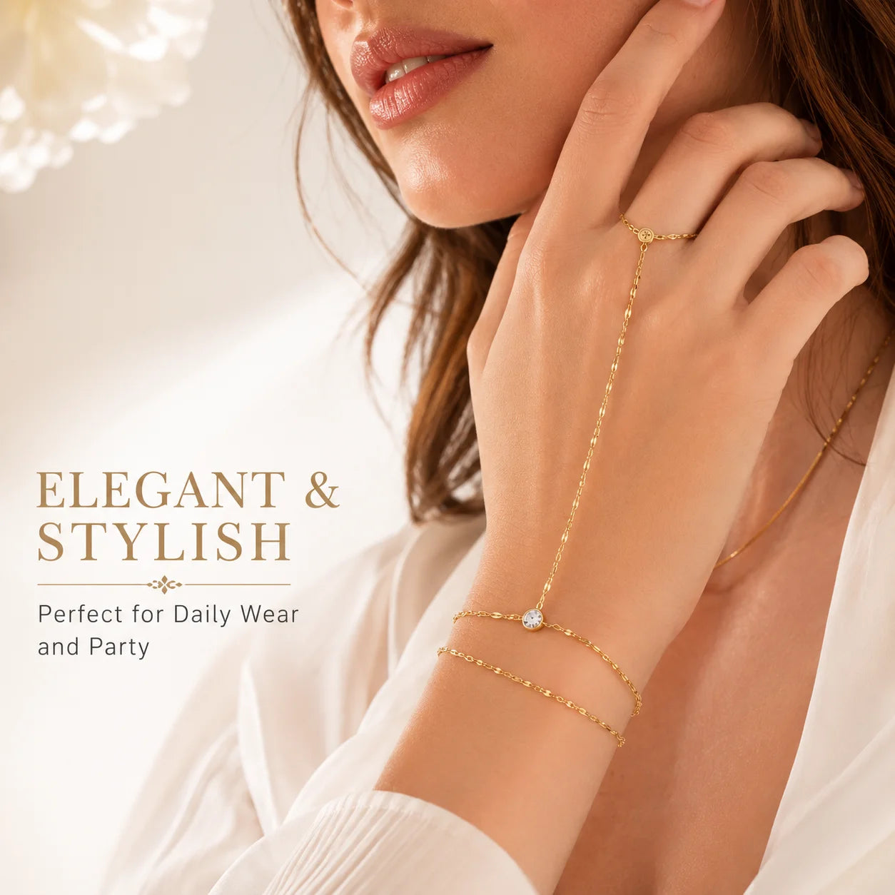 Stainless Steel Hand Chain Ring Bracelet for Women, Adjustable Gold Plated Double Layer Finger Bracelets Summer Party Jewelry