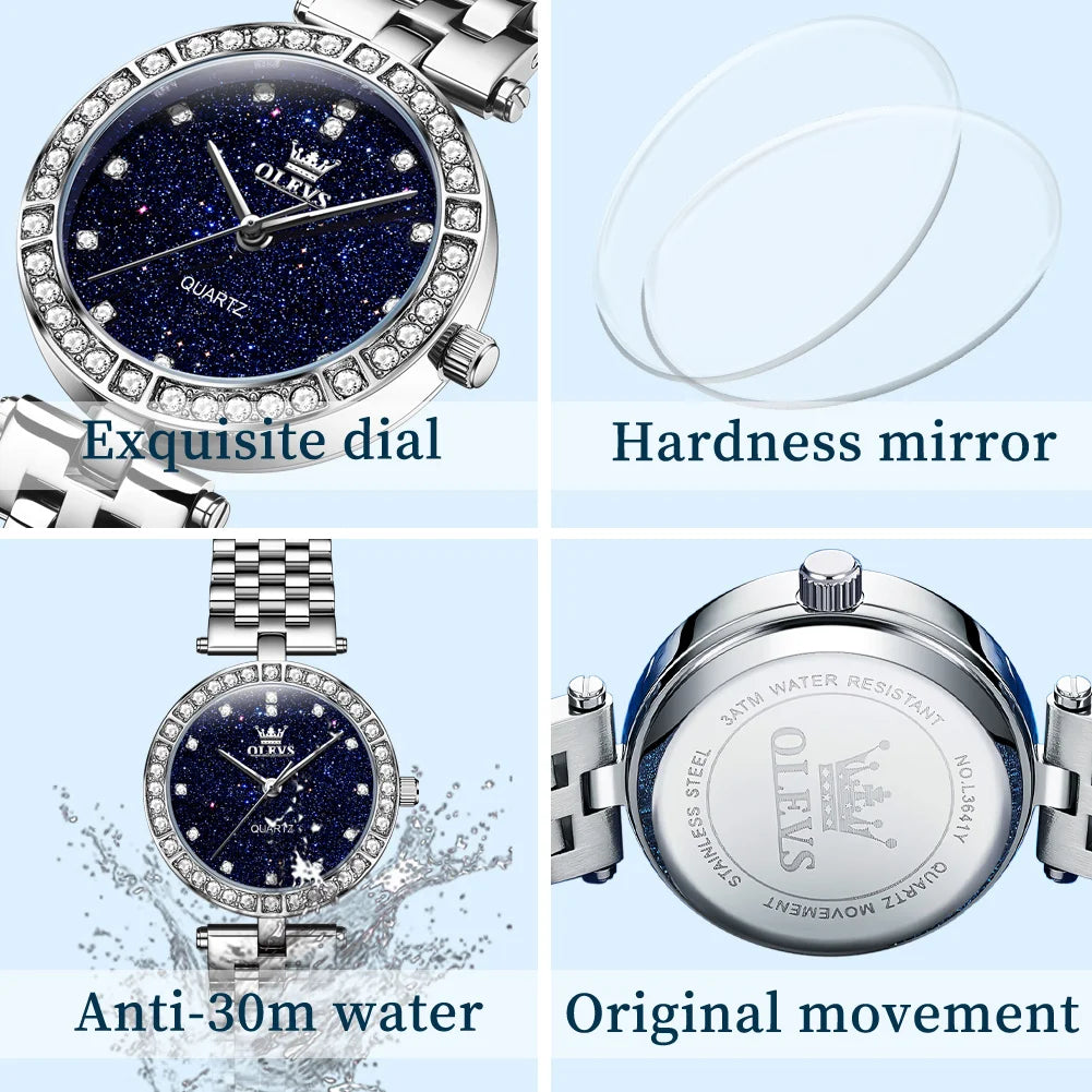 OLEVS 3641 Womens Watch Elegant Simple Quartz Watch Zircon Scale Waterproof Luminous Starry Dial Ladies Watch Gifts Original