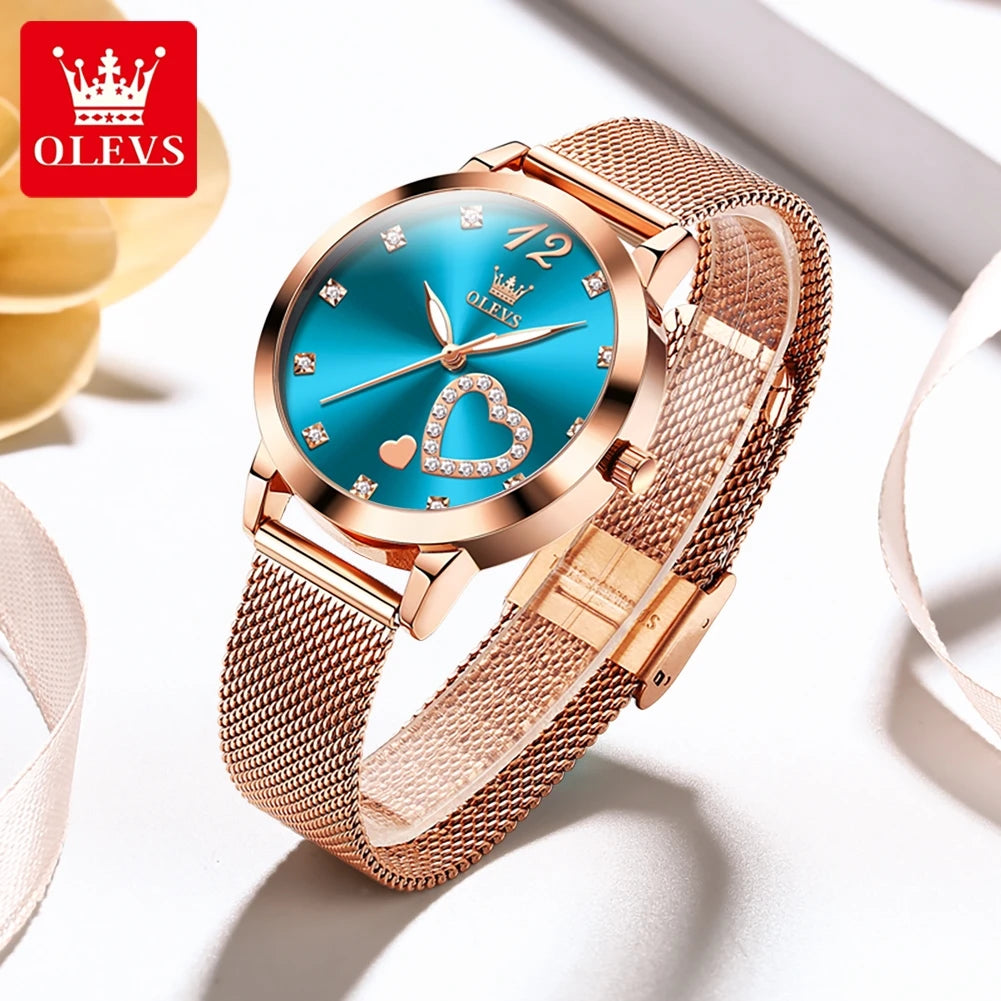 OLEVS 5189 Women's Watch Quartz Wristwatch Casual Fashion Watch for Ladies Waterproof Luminous Mesh Belt Love Dial Zircon Scale