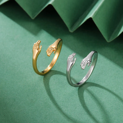 EUEAVAN 1pc Vintage Stainless Steel Hug Hands Ring for Women Adjustable Finger Rings Lover Friend Party Jewelry Gifts