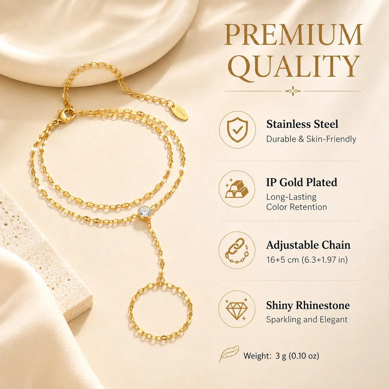 Stainless Steel Hand Chain Ring Bracelet for Women, Adjustable Gold Plated Double Layer Finger Bracelets Summer Party Jewelry