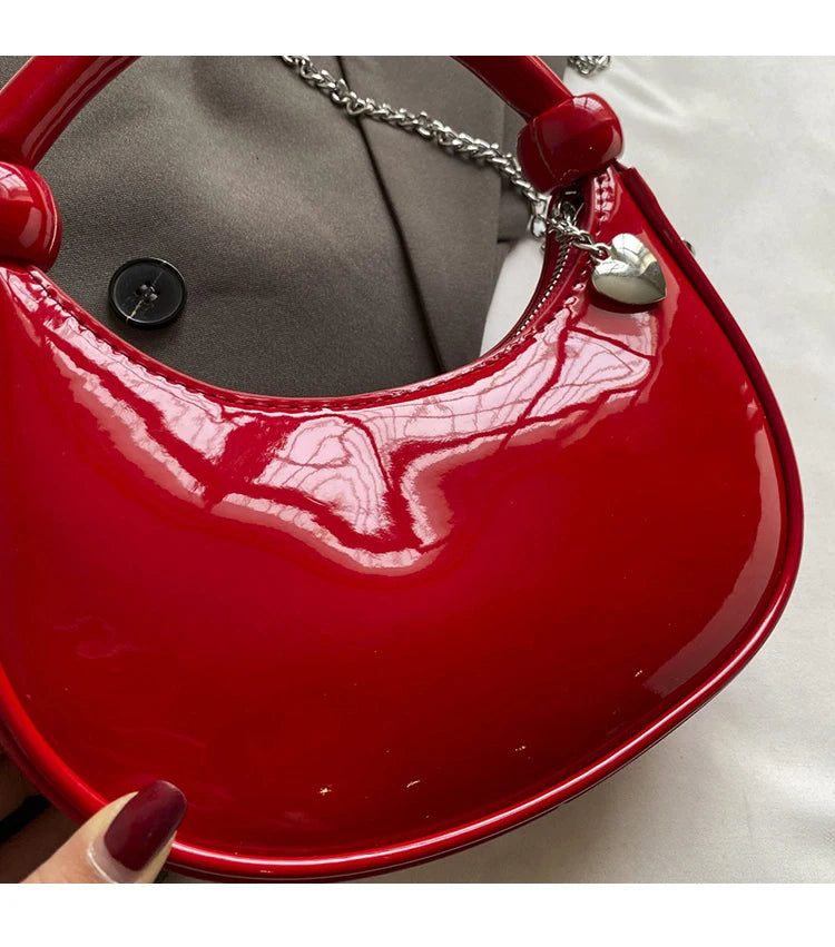 Red Patent Leather Handheld Bag For Women New Spring Autumn Chain Crossbody Bag Fashion Versatile Love Zipper Shoulder Small Bag
