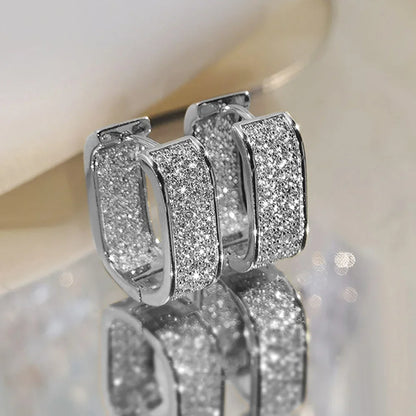 Luxury Full of Zircon Shiny Geometric Square Hoop Earrings for Women Temperament Gold Color Stainless Steel Korea Jewelry Gift
