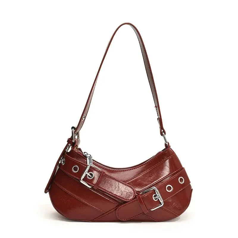 Red Vintage Shoulder Bag Y2K Belt Design PU Leather Underarm Bags for Women Trend Hot Cool Girl Crossbody Bag Punk Style Handbag