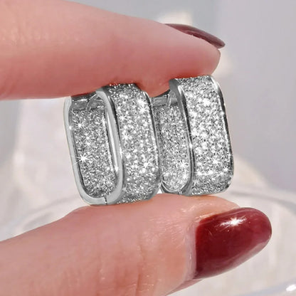Luxury Full of Zircon Shiny Geometric Square Hoop Earrings for Women Temperament Gold Color Stainless Steel Korea Jewelry Gift