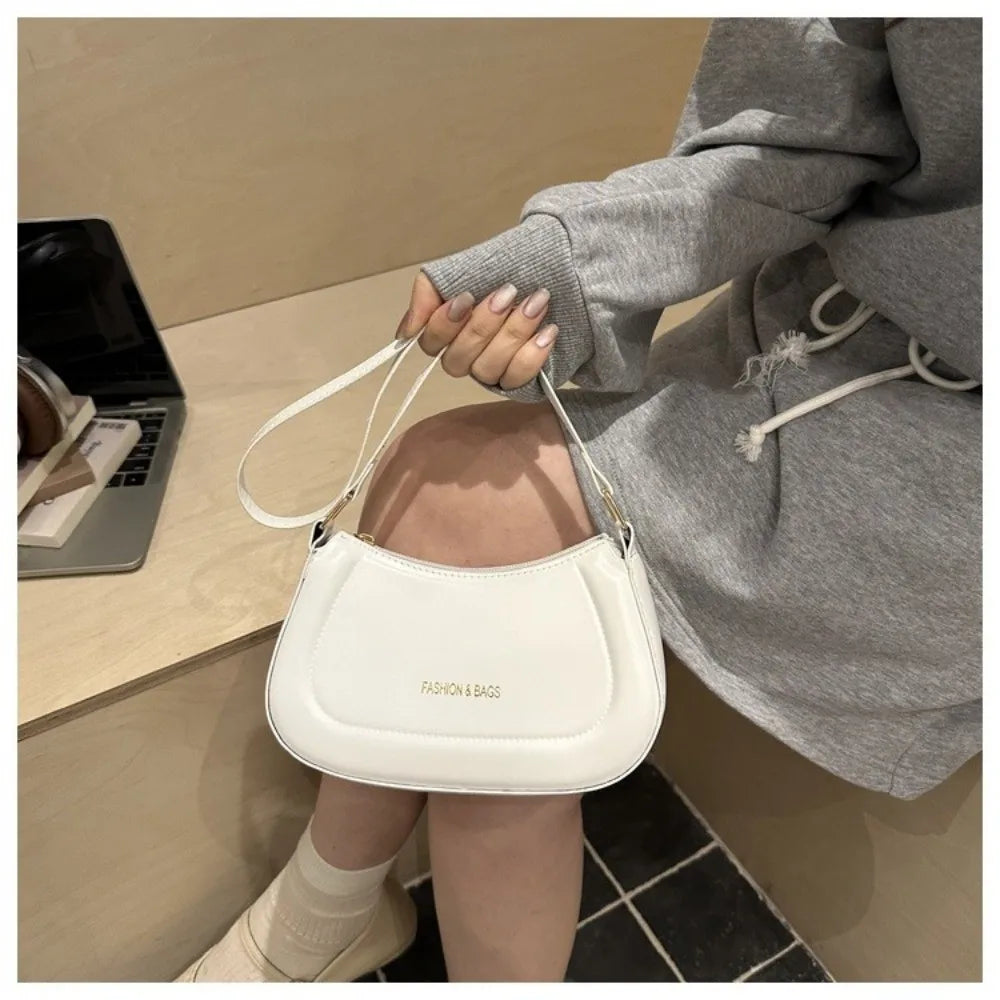 New PU Leather Shoulder Bag Large Capacity Moon-shaped Underarm Bag Solid Color Tote Handbag Women