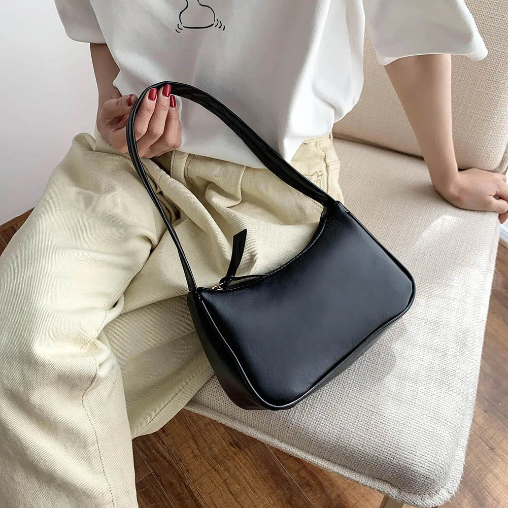Retro Soft PU Leather Women Shoulder Underarm Bags Casual Solid Color Small Top-Handle Handbags Ladies Fashion Shoulder Bags