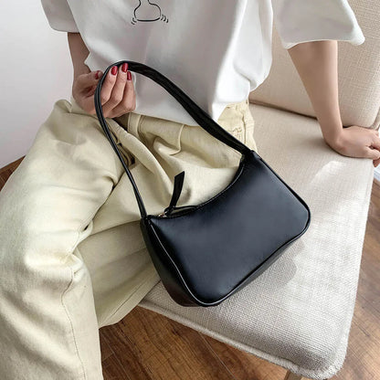 Retro Soft PU Leather Women Shoulder Underarm Bags Casual Solid Color Small Top-Handle Handbags Ladies Fashion Shoulder Bags