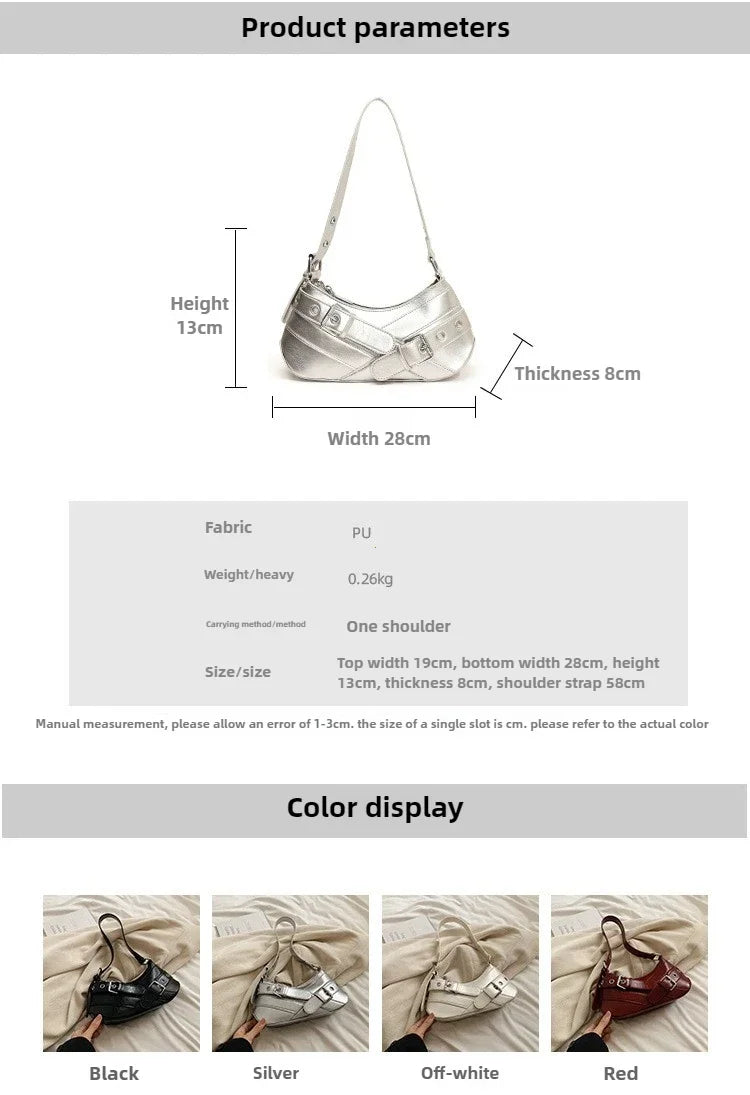 Red Vintage Shoulder Bag Y2K Belt Design PU Leather Underarm Bags for Women Trend Hot Cool Girl Crossbody Bag Punk Style Handbag