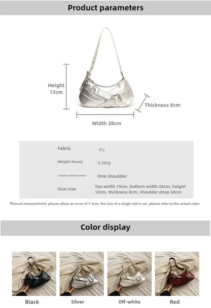 Red Vintage Shoulder Bag Y2K Belt Design PU Leather Underarm Bags for Women Trend Hot Cool Girl Crossbody Bag Punk Style Handbag
