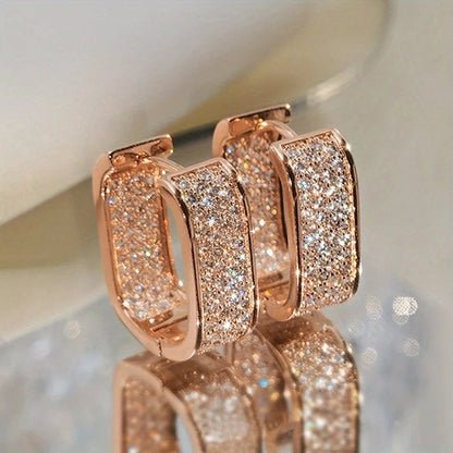 Luxury Full of Zircon Shiny Geometric Square Hoop Earrings for Women Temperament Gold Color Stainless Steel Korea Jewelry Gift