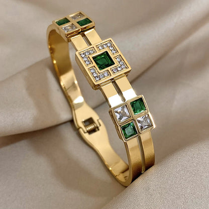 Freetry Exquisite Stainless Steel Large Green Zircon Gold Plated Bracelet Rhinestone Layered Cuff Bracelet Waterproof Jewelry