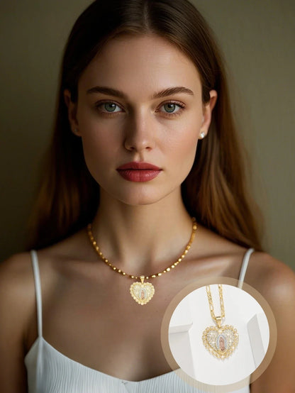 Heart Guadalupe Medal Necklace 14K Gold Plated Religious Medallion Medal Valentine's day Novelty Gifts Virgin Mary Jewelry Chain