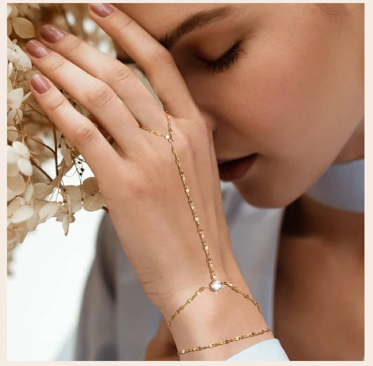 Stainless Steel Hand Chain Ring Bracelet for Women, Adjustable Gold Plated Double Layer Finger Bracelets Summer Party Jewelry