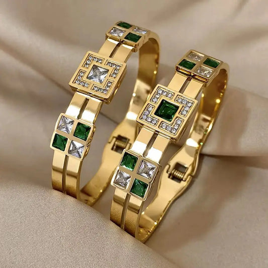 Freetry Exquisite Stainless Steel Large Green Zircon Gold Plated Bracelet Rhinestone Layered Cuff Bracelet Waterproof Jewelry
