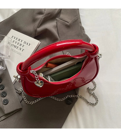 Red Patent Leather Handheld Bag For Women New Spring Autumn Chain Crossbody Bag Fashion Versatile Love Zipper Shoulder Small Bag