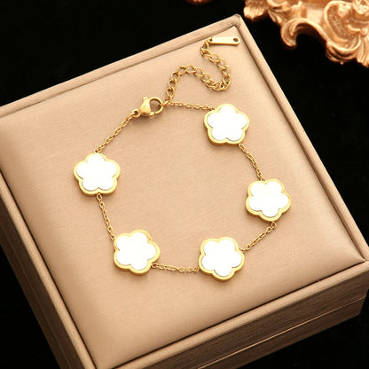 GANEMLY 316L Stainless Steel Black Five Leaf Clover Bracelets For Women New Trendy Waterproof Wrist Chain Jewelry Girls Gift
