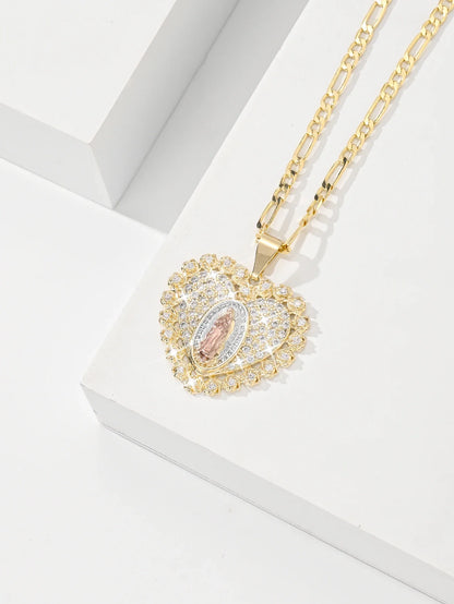 Heart Guadalupe Medal Necklace 14K Gold Plated Religious Medallion Medal Valentine's day Novelty Gifts Virgin Mary Jewelry Chain