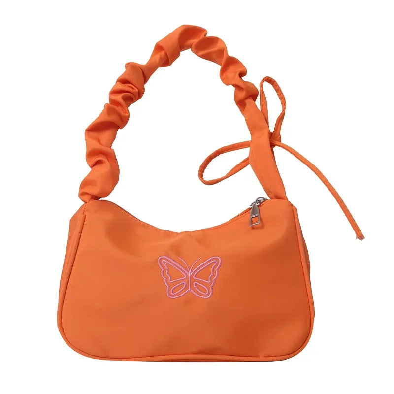 Embroidery Bowknot Butterfly Shoulder Bag Y2k-Style Ruffle Handle Nylon Bow Tote Bag Makeup Lipstick Bag Handbag New