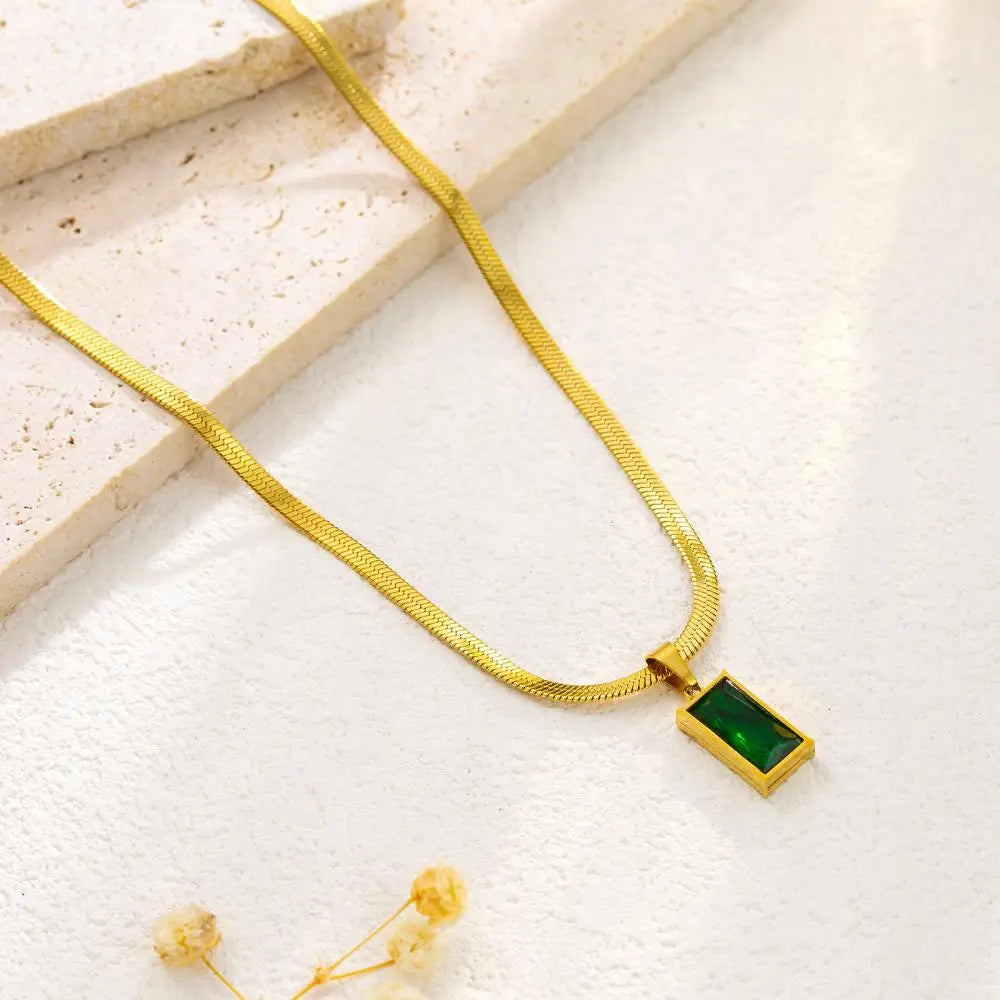 Stainless Steel Square Green Crystal Zircon Necklace Earrings Jewelry Set For Women Gold Color Chain Accessories Wedding Gift