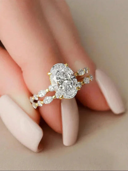 Anillo apilable de circonita de plata de ley 925 de lujo ovalado, redondo y marquesa para mujer, joyería fina de moda de alta calidad para aniversario