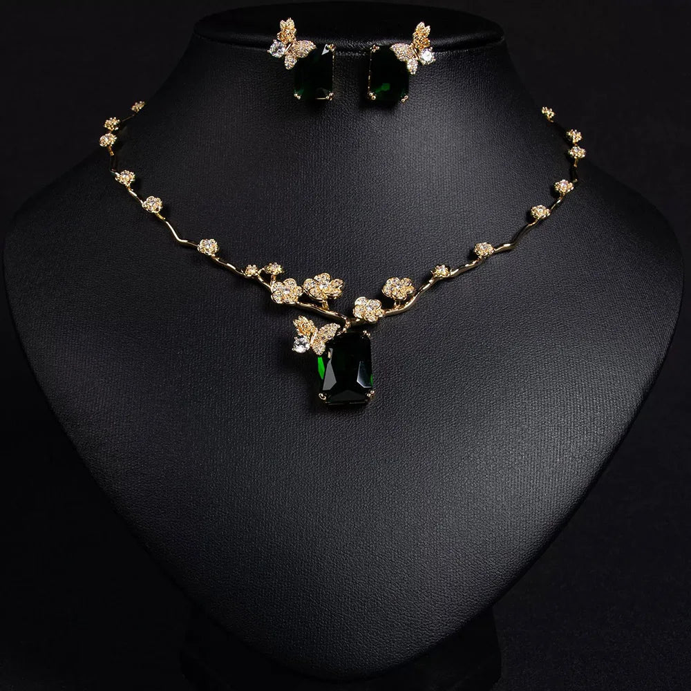 Fashion Square Cut Cubic Zirconia Leaf Flower Jewelry Set for Women White Gold Color Bridal Wedding Party Necklace S-337